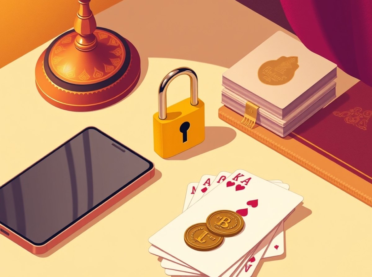A padlock, a certificate seal and playing cards on a desk beside a phone