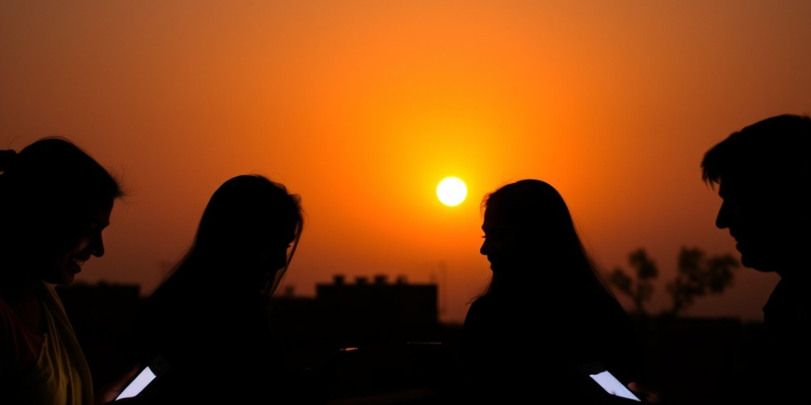 Friends on a rooftop at golden hour laughing over their phones