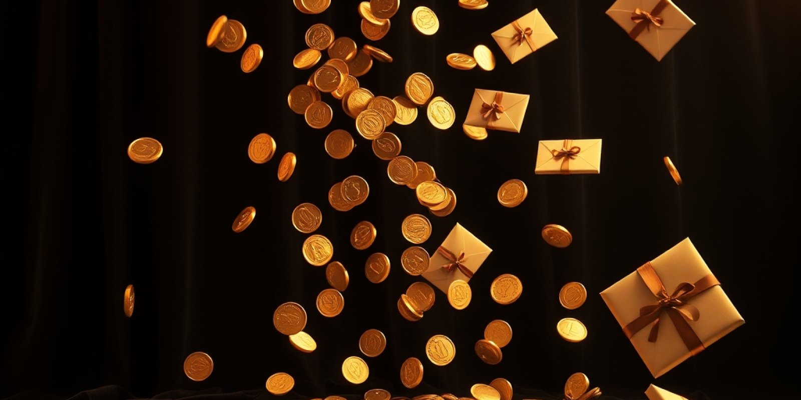 Gold coins, brass trophies and gift envelopes tumbling across black velvet
