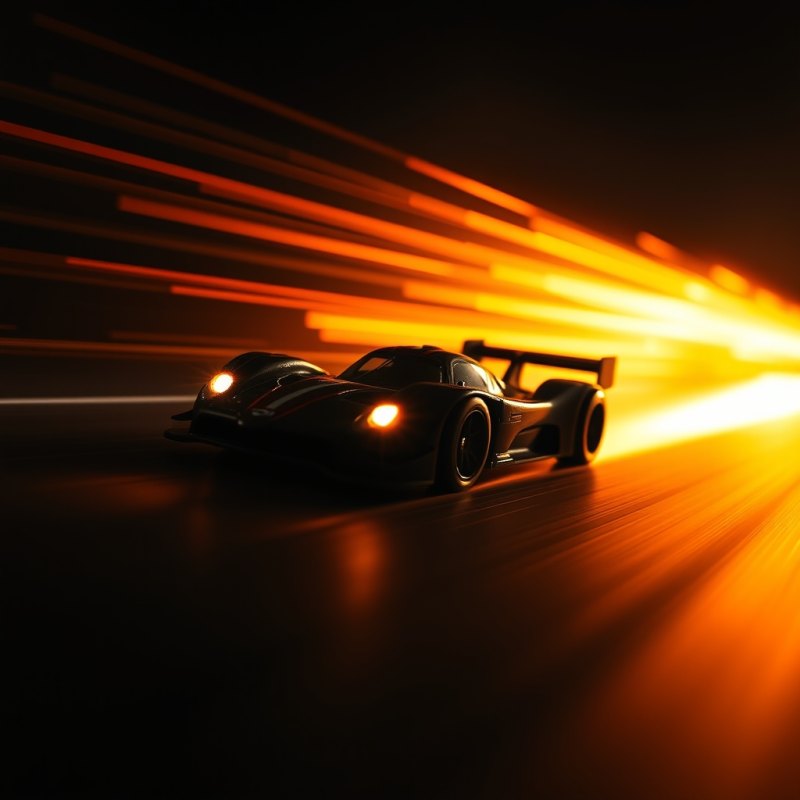 A toy race car streaking through gold light trails