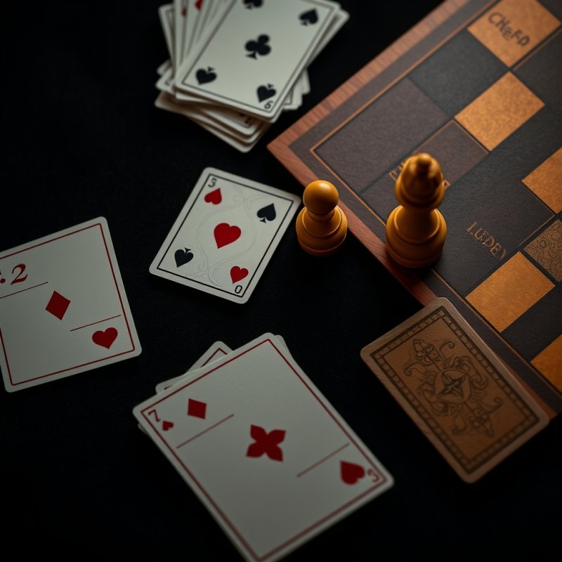 Playing cards and carved chess pieces lit by warm gold light