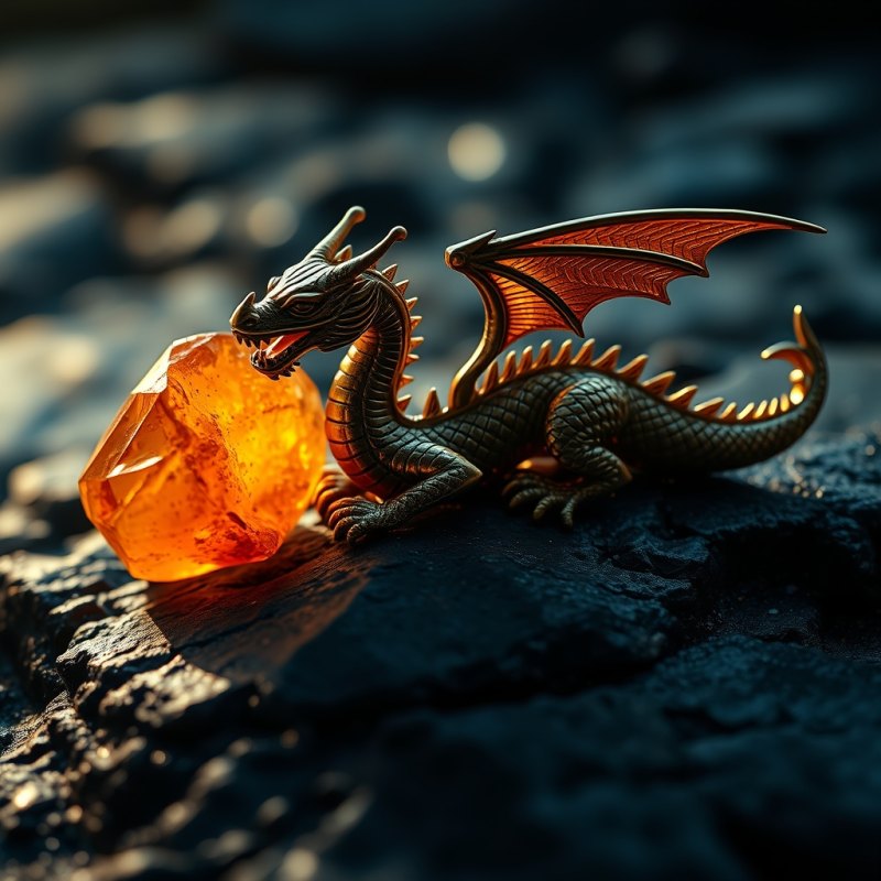 A brass dragon figurine beside a glowing amber crystal