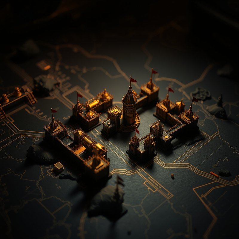 A miniature city of brass towers on a dark tactical map