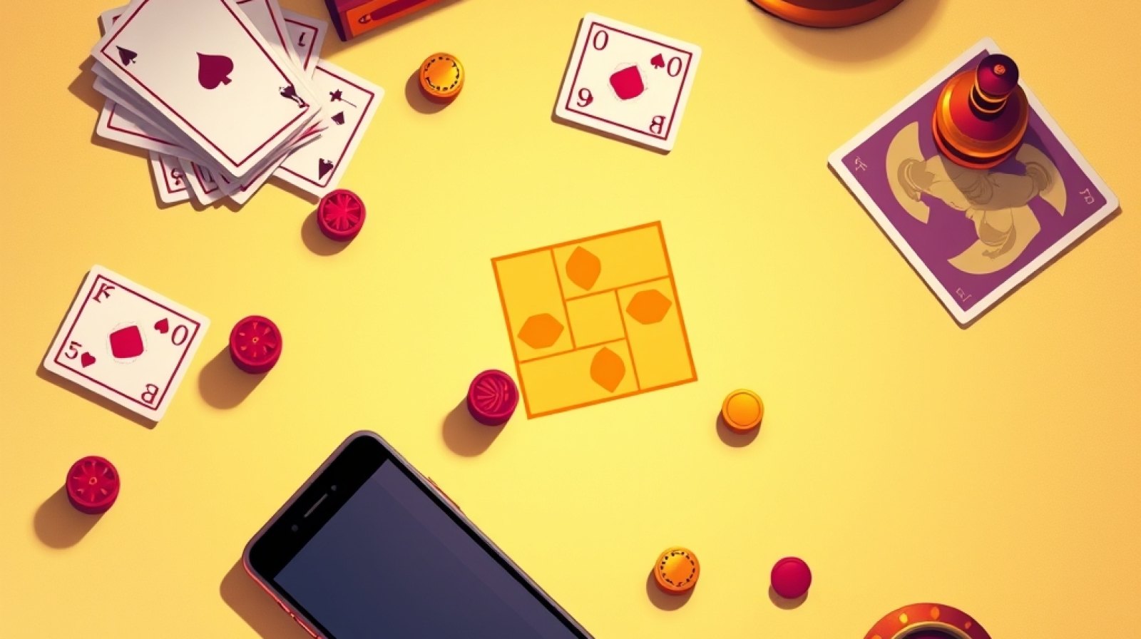 Cards, ludo tokens, chess pieces and a phone spread across a game table